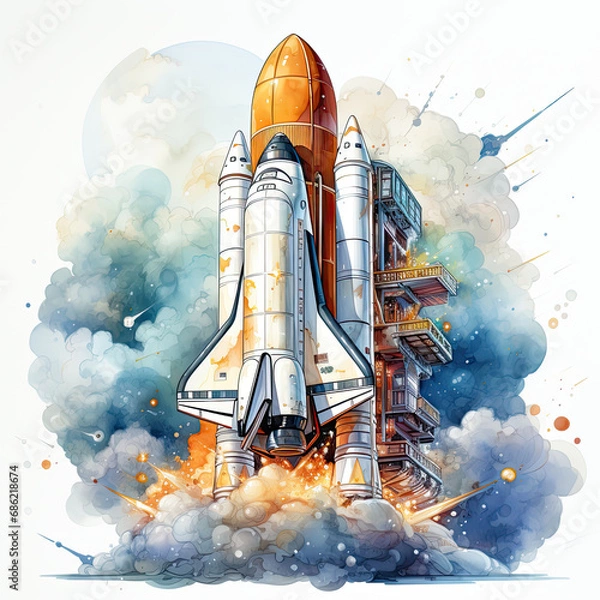 Fototapeta watercolor Surreal rocket in deep space clipart, Generative Ai