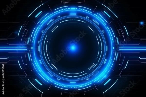 Fototapeta A glowing blue circle on technology background with HUD