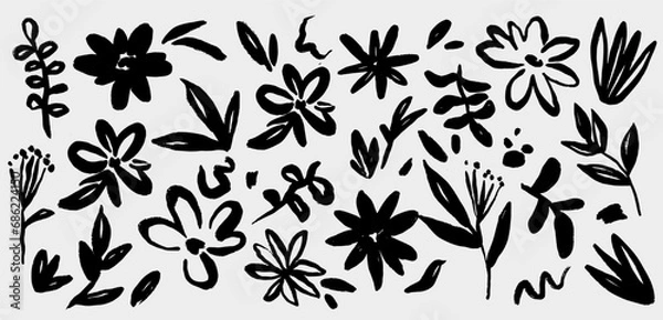 Obraz Modern abstract floral vector set. Collage contemporary set of elements. Hand drawn cartoon style flowers. Minimalism