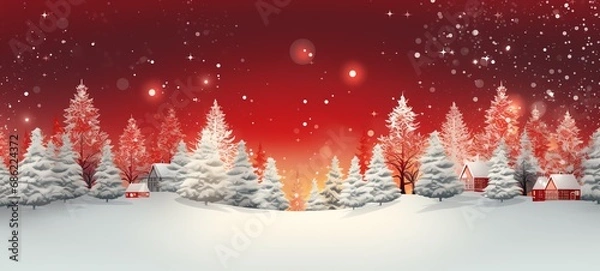 Fototapeta Merry Christmas and Happy New Year wide screen background, Christmas Tree with lights and snow. Red theme with snowfall.