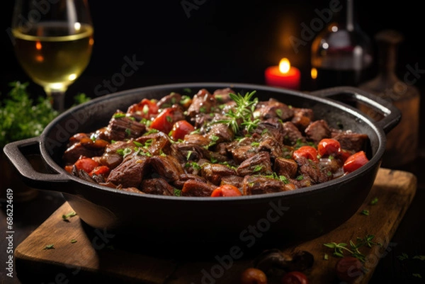 Obraz Boeuf bourguignon on wooden table . Traditional French cuisine