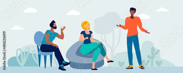 Obraz Woman and men talking against a background of trees and bushes