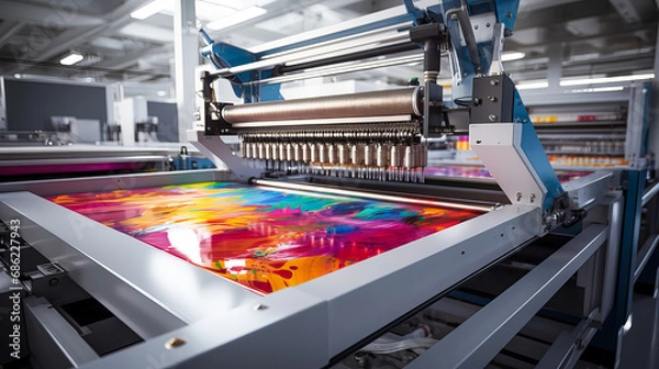 Fototapeta Printing machine in a modern printing factory. 3d rendering. Generative AI technology.