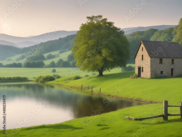 Fototapeta Country Side Nature open field with rural hill