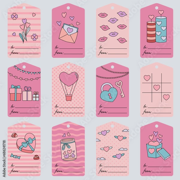 Fototapeta Valentine’s Day tags and cards, hand-drawn in flat design