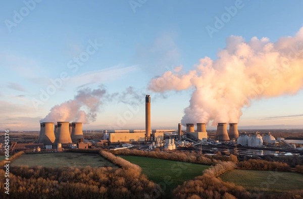 Fototapeta coal fired power station in UK with coal stack and biofuel storage tanks for clean energy production