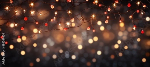 Obraz Christmas holiday and Happy New Year decoration and illumination concept. Garland bokeh lights over black background.