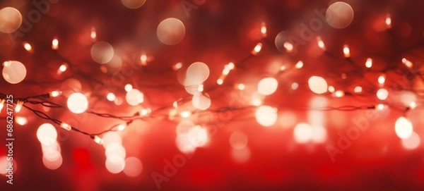 Obraz Christmas holiday and New Year decoration and illumination concept. Garland bokeh lights over red background.
