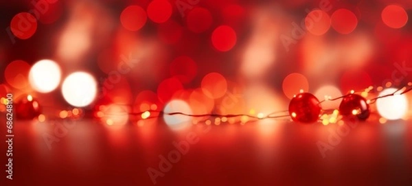 Obraz Christmas holiday and New Year decoration and illumination concept. Garland bokeh lights over red background.
