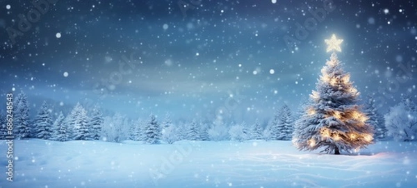 Obraz Merry Christmas and Happy New Year wide screen background, Christmas Tree with lights and snow.
