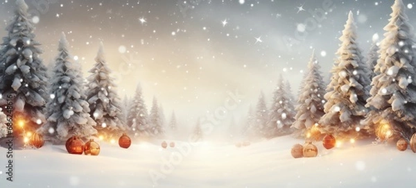 Obraz Merry Christmas and Happy New Year wide screen background, Christmas Tree with lights and snow.