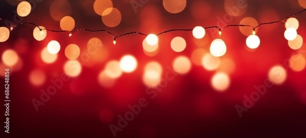 Obraz Christmas holiday and New Year decoration and illumination concept. Garland bokeh lights over red background.