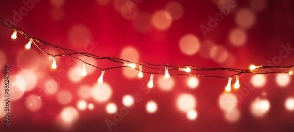 Obraz Christmas holiday and New Year decoration and illumination concept. Garland bokeh lights over red background.