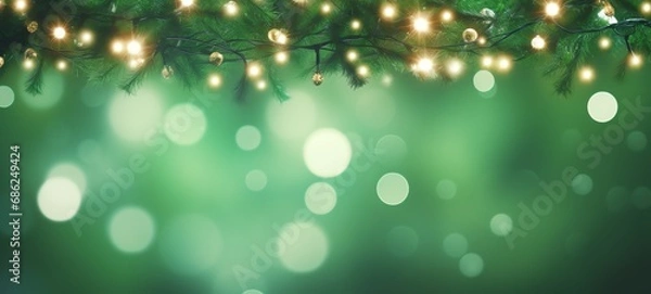 Obraz Christmas holiday decoration and illumination concept. Garland bokeh lights over green background.