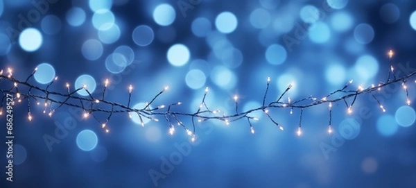 Fototapeta Christmas holiday and Happy New Year decoration and illumination concept. Garland bokeh lights over blue background.