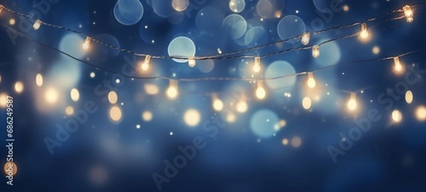 Obraz Christmas holiday and Happy New Year decoration and illumination concept. Garland bokeh lights over blue background.