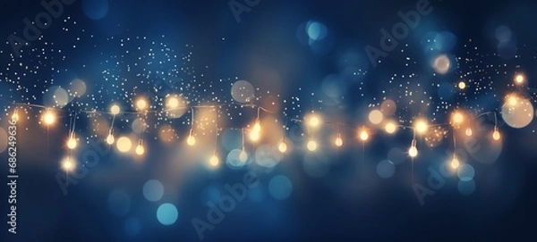 Obraz Christmas holiday and Happy New Year decoration and illumination concept. Garland bokeh lights over blue background.