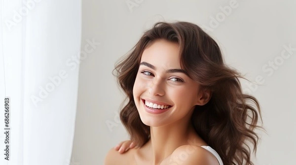 Fototapeta A client standing over a white wall is being encouraged to smile and wink by a cute and dreamy young woman in a close-up.
