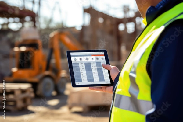 Fototapeta Construction worker holding tablet in hands at a construction site
