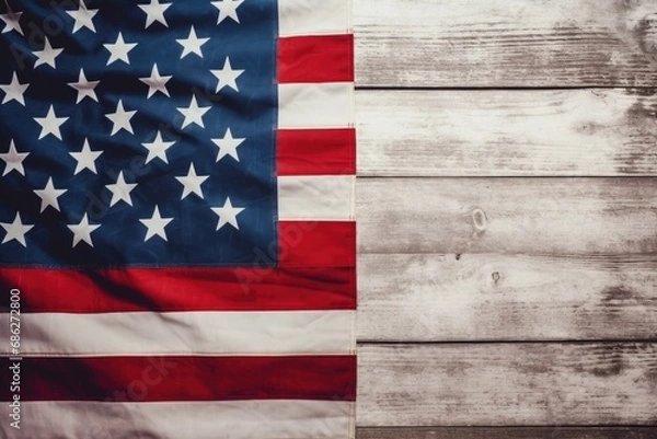 Fototapeta A close-up photograph showcasing an American flag placed on a wooden surface. This image can be used to represent patriotism, national holidays, or American pride.
