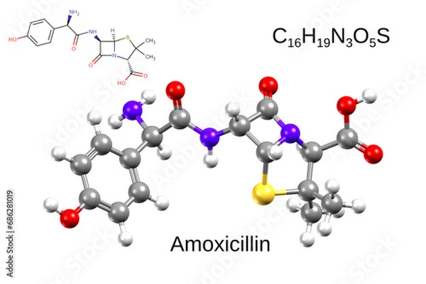 Fototapeta Chemical formula, structural formula and 3D ball-and-stick model of antibiotic amoxicillin