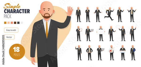 Fototapeta Simple flat male businessman vector character, wearing a suit in a set of multiple poses. Easy to edit and isolated on a white background. Modern trendy style character mega pack with lots of poses.
