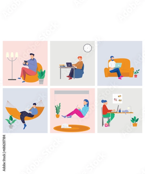 Fototapeta 6 Flat Art Working Icons Of Work From Home Workers