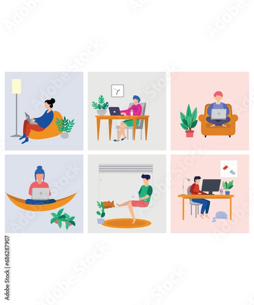 Fototapeta 6 Flat Art Work From Home Icons