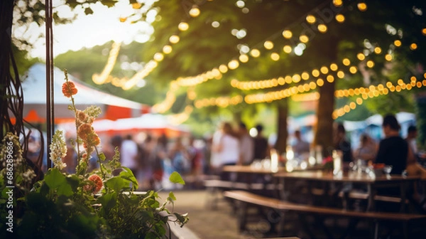 Fototapeta Twilight market scene with people dining under string lights and green foliage.