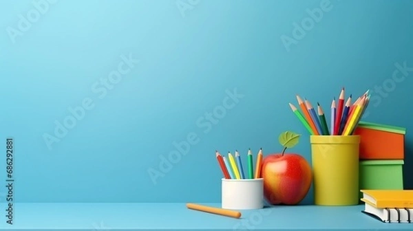 Fototapeta close-up of a work desk with complete stationery equipment. Work from home concept. blank white background.With copy space for your text