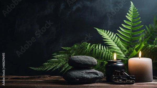 Obraz Zen-like arrangement with stacked stones, fern leaves, and lit candles on a wooden surface.