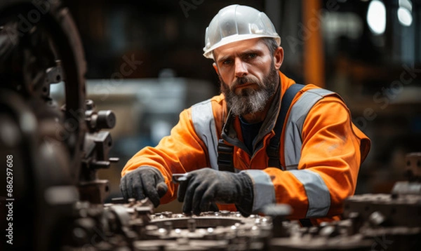 Fototapeta portrait of Fitter, who Lay out, position, align, and fit together fabricated parts of structural metal products preparatory to welding or riveting
