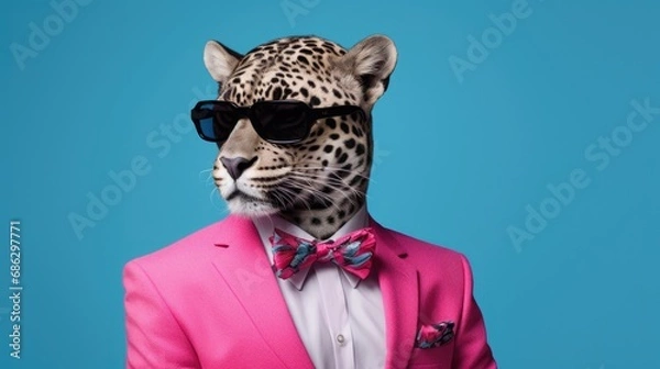 Obraz studio portrait of jaguar with glasses and stylish suit, isolated on clean background,accessories business concept