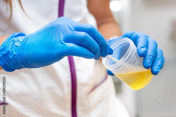 Fototapeta Close up of Nurse Hand holding urine sample container for medical urine analysis with color strip. High quality photo