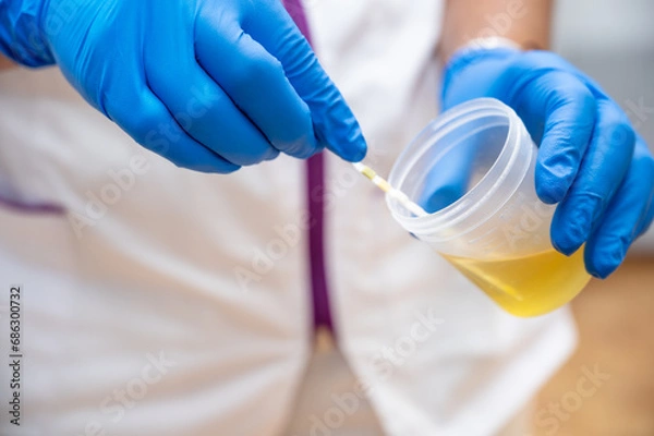 Fototapeta Close up of Nurse Hand holding urine sample container for medical urine analysis with color strip. High quality photo