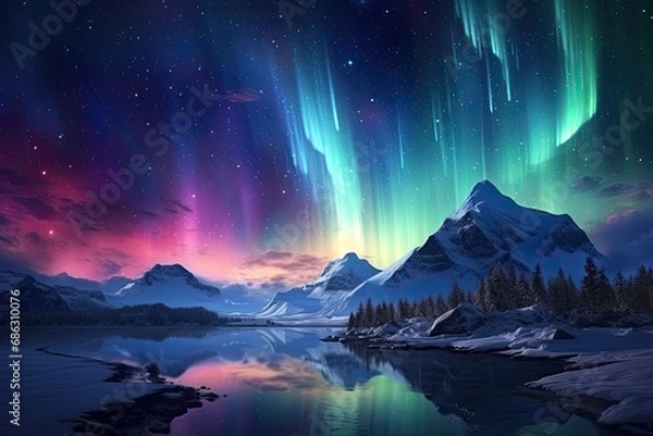 Fototapeta Beautiful Aurora Northern or Southern lights in starry night sky. Aurora borealis over the sky at islands. Night winter landscape with colorful scene, sea with sky reflection.