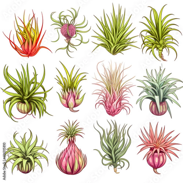 Fototapeta Set of Air plant tillandsia botanical illustration isolated on white background