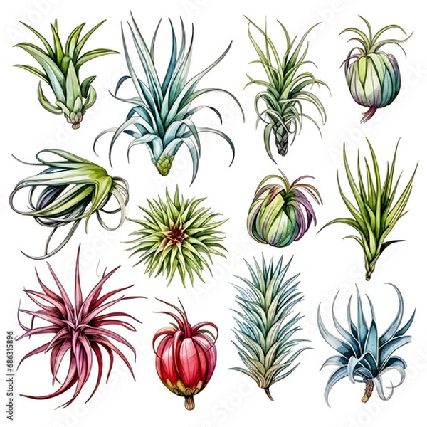 Fototapeta Set of Air plant tillandsia botanical illustration isolated on white background