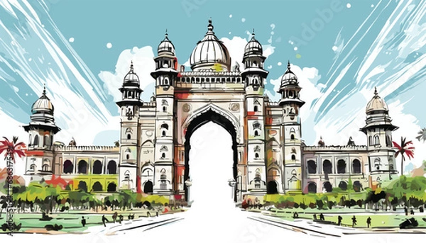 Obraz Vector Watercolor Sketch of Mumbai's Iconic Gateway of India. Mumbai's Gateway of India Watercolor Sketch. Gateway of India Illustration.