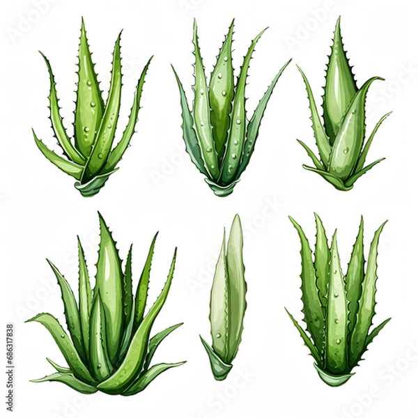 Obraz Set of green aloe vera watercolor illustrations isolated on a white background