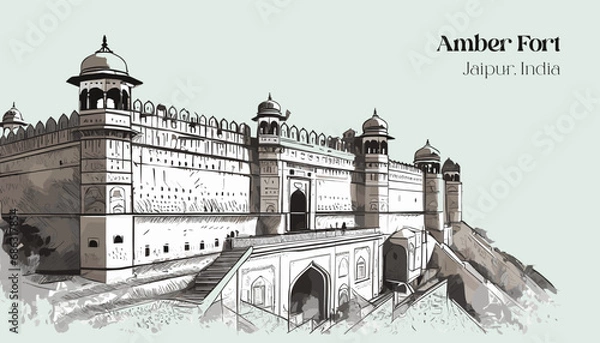 Obraz Hand drawn sketch illustration of Amber Fort, landmark of amber fort Jaipur, India