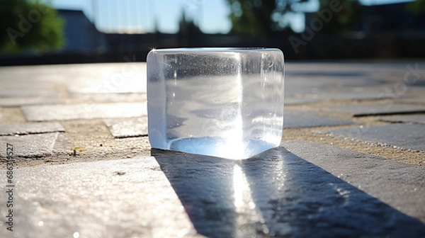 Fototapeta ice cube left on sun to melt laying on stone surface