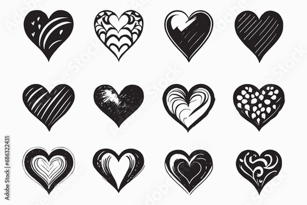 Obraz Collection of 12 hand-drawn, rustic marker-style hearts on a white background. Perfect for adding a touch of charm to your graphic designs. Vector illustration