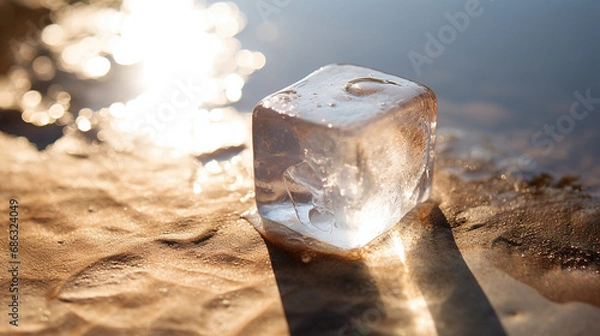 Fototapeta ice cube left melting on the sun near water