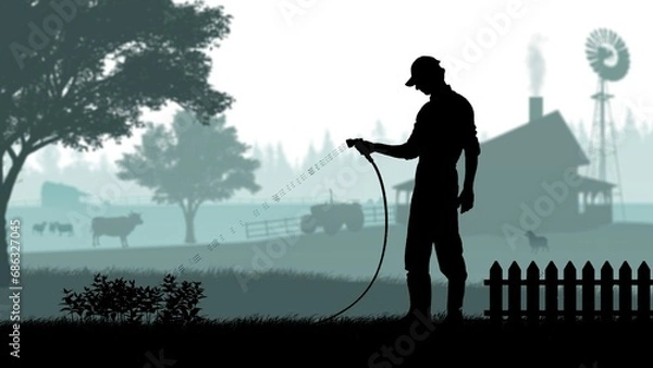 Fototapeta Portrait of gardener on graphic background with farm house and trees, isolated with alpha channel. Black silhouette of man farmer holding hose watering plants.