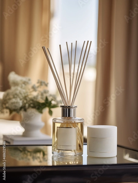 Fototapeta Aroma reed diffuser on table in stylish interior oposit window