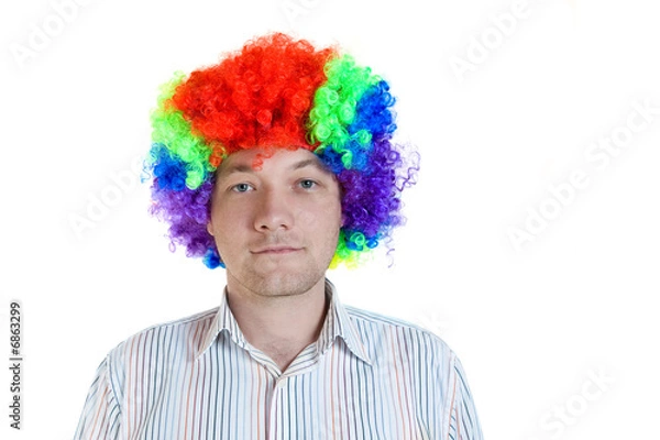 Fototapeta Office worker with clown  wig on a head