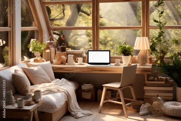 Fototapeta Comfortable workplace or study place at home by the window and sofa with an open laptop