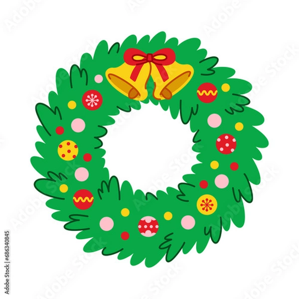 Fototapeta Christmas spruce wreath. Fir wreath decorated with Xmas decorations and bells in cartoon flat style. Isolated vector illustration on a white background. Perfect for New Year holiday design.