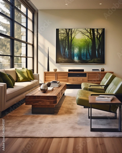 Fototapeta 
In a modern living room with eco-conscious design, wood and fabric textures complement stylish furniture, highlighted by natural afternoon light.